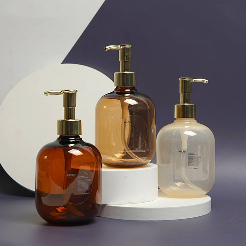 300ml 500ml PET Plast Amber Rund Tom Conditioner Body Lotion Flaska Guld PET Lotion Pump Schampo Flaska
