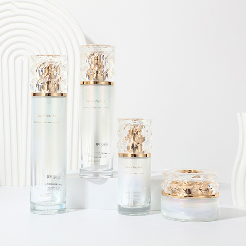 Färgad gradient kosmetisk förpackningsset Tryckt Tom ansiktskrämburk Hudvårdsglaslotionflaska med pump