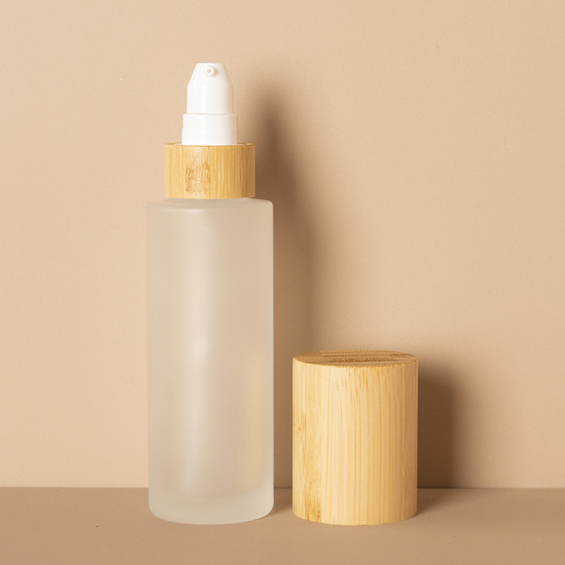 Frostad Kosmetisk Lotion Pump Fin Mist Och Lotion Glas Sprayflaska Med Bambu Trä Lock Frostad Kosmetisk Lotion Pump Fin Mist Och Lotion Glas Sprayflaska Med Bambu Trä Lock