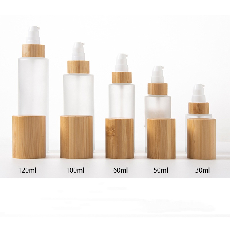 Frostad Kosmetisk Lotion Pump Fin Mist Och Lotion Glas Sprayflaska Med Bambu Trä Lock Frostad Kosmetisk Lotion Pump Fin Mist Och Lotion Glas Sprayflaska Med Bambu Trä Lock