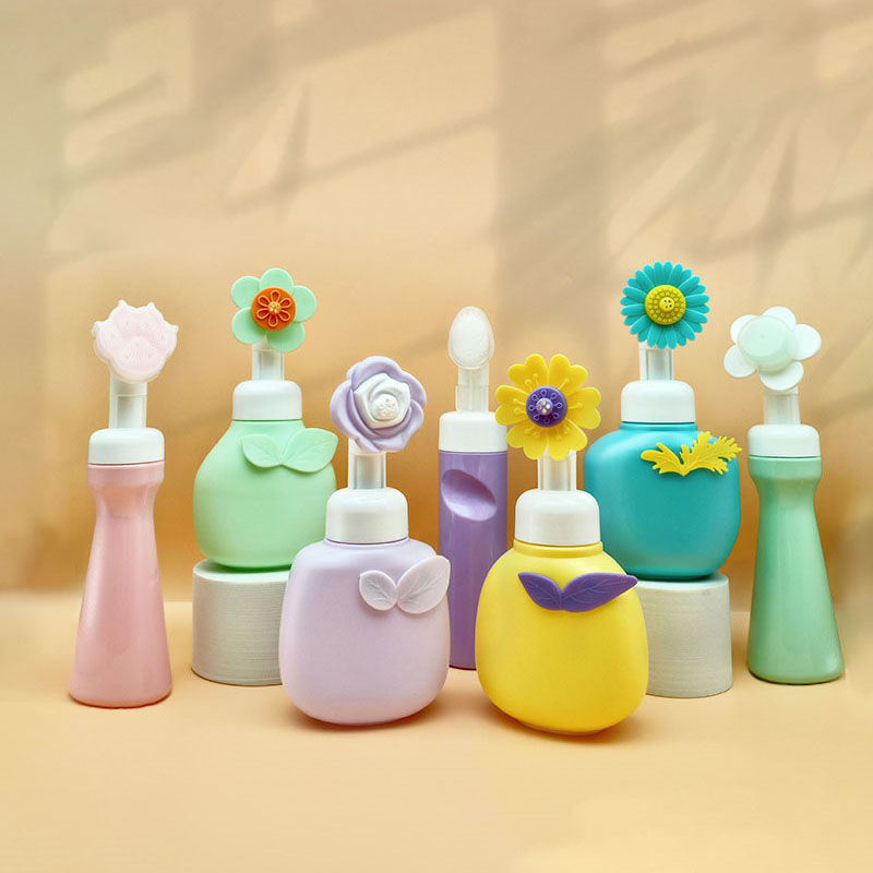 180ml 200ml 300ml 350ml Flower Foam Pump Flaska Söta Barn Foaming Pump Dispenser Kosmetisk Flaska Pump Foam Transfer med Flower Borste
