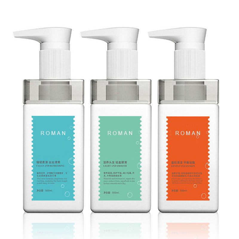 500 ml 750 ml lyxig tom kosmetisk fyrkantig axel Plast hotelllotion schampopumpflaska och balsam med tvålautomat för handtvätt 500 ml 750 ml lyxig tom kosmetisk fyrkantig axel Plast hotelllotion schampopumpflaska och balsam med tvålautomat för handtvätt