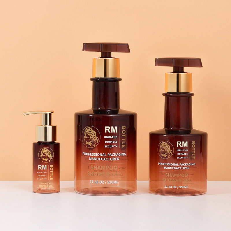 Gratis prov Amber Black Gold Långhalsad schampoflaska Tom handtvättflaska Plast Body Lotion Pumpflaskor 300ml 500ml